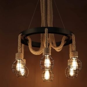 Diamond Electricals 6-Light Vintage Industrial Chandelier with cage and hemp rope.