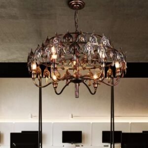 Diamond Electricals 9-Head Retro Industry Chandelier in black wrought iron.