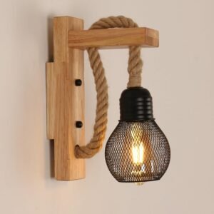 Diamond Electricals Vintage Wooden Wall Lamp with hemp rope and black metal detail.