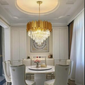 Diamond Electricals 3-Tier Modern Crystal Chandelier with a gold finish.