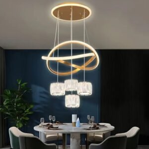 Diamond Electricals Modern Layered Crystal Chandelier with a gold finish.